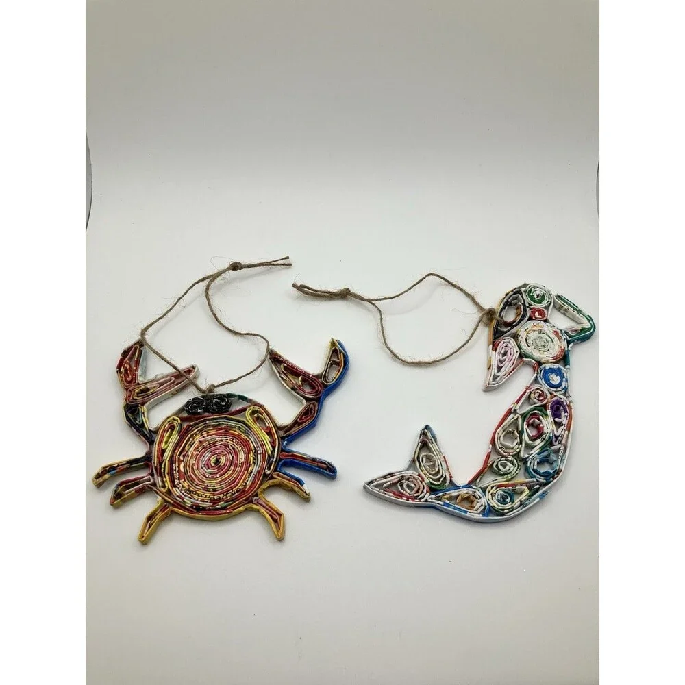 Crab & Mermaid Quilling Fiber Art Christmas Hanging Ornament Beach House Decor